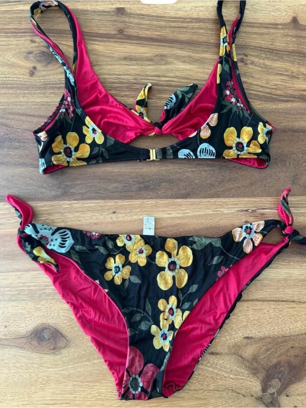 Moschino Black Floral Tie-Front Bikini with Red Lining vintage